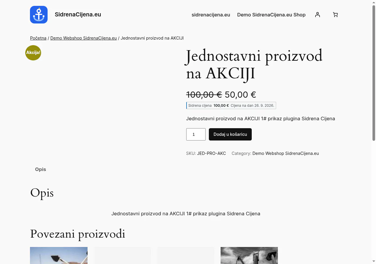 Stranica proizvoda s akcijskom cijenom i istaknutom najnižom cijenom u proteklih 30 dana