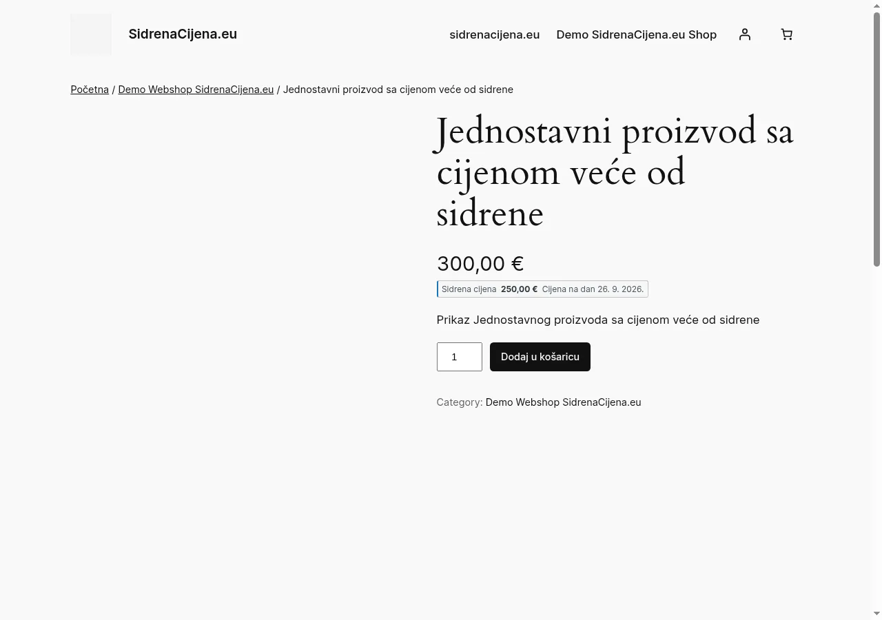 Prikaz jednostavnog proizvoda na kojem je prodajna cijena veća od referentne sidrene cijene