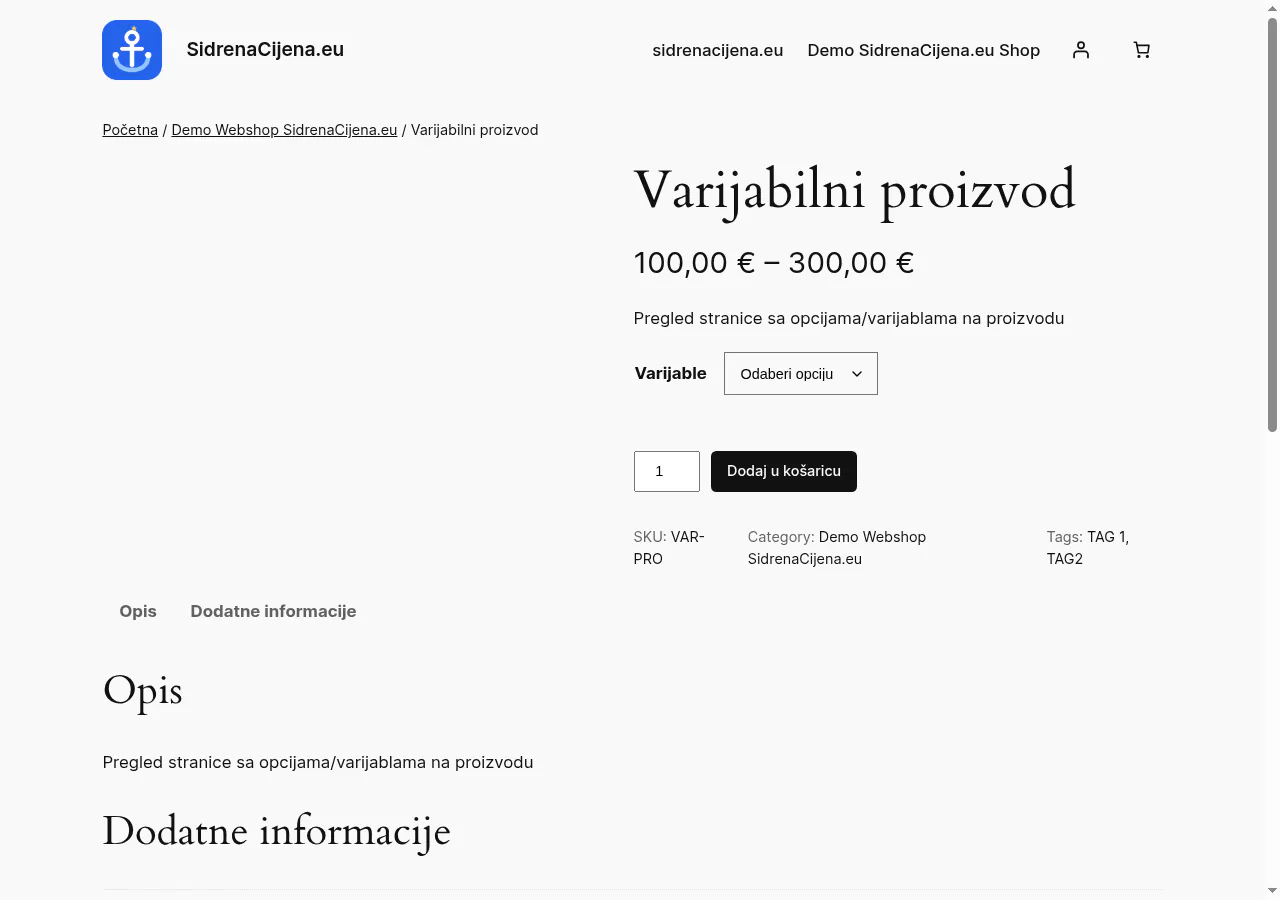 Prikaz varijabilnog proizvoda s automatskim izračunom sidrene cijene po varijacijama