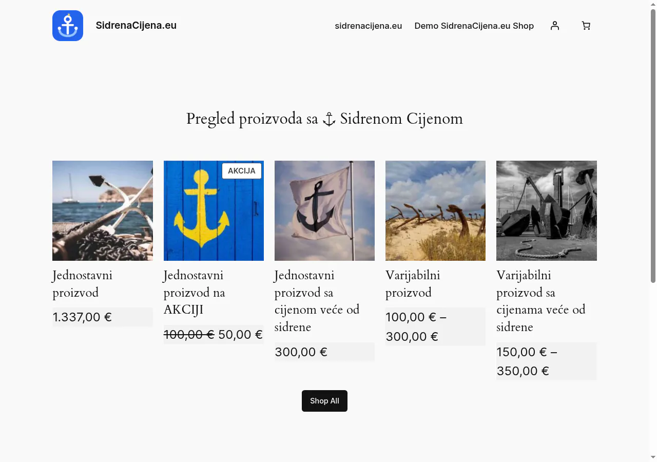 Prikaz arhive WooCommerce trgovine sa sidrenim cijenama istaknutim na karticama artikala