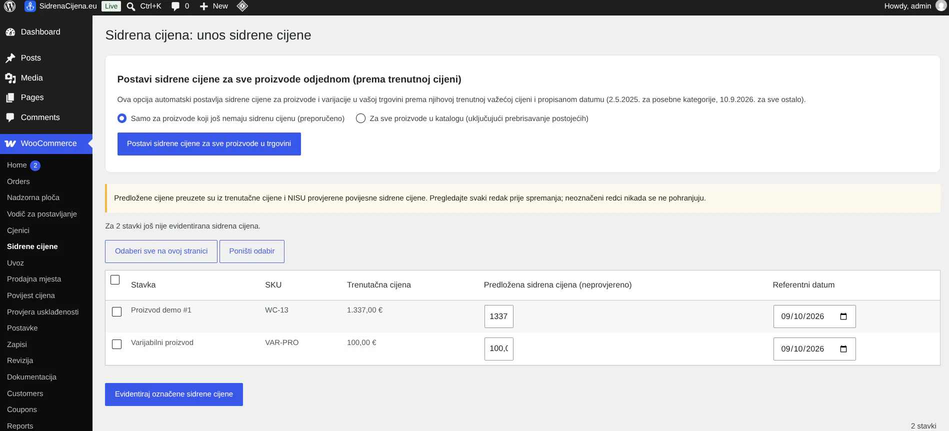 Administratorsko sučelje WordPress WooCommerce dodatka za unos referentne sidrene cijene